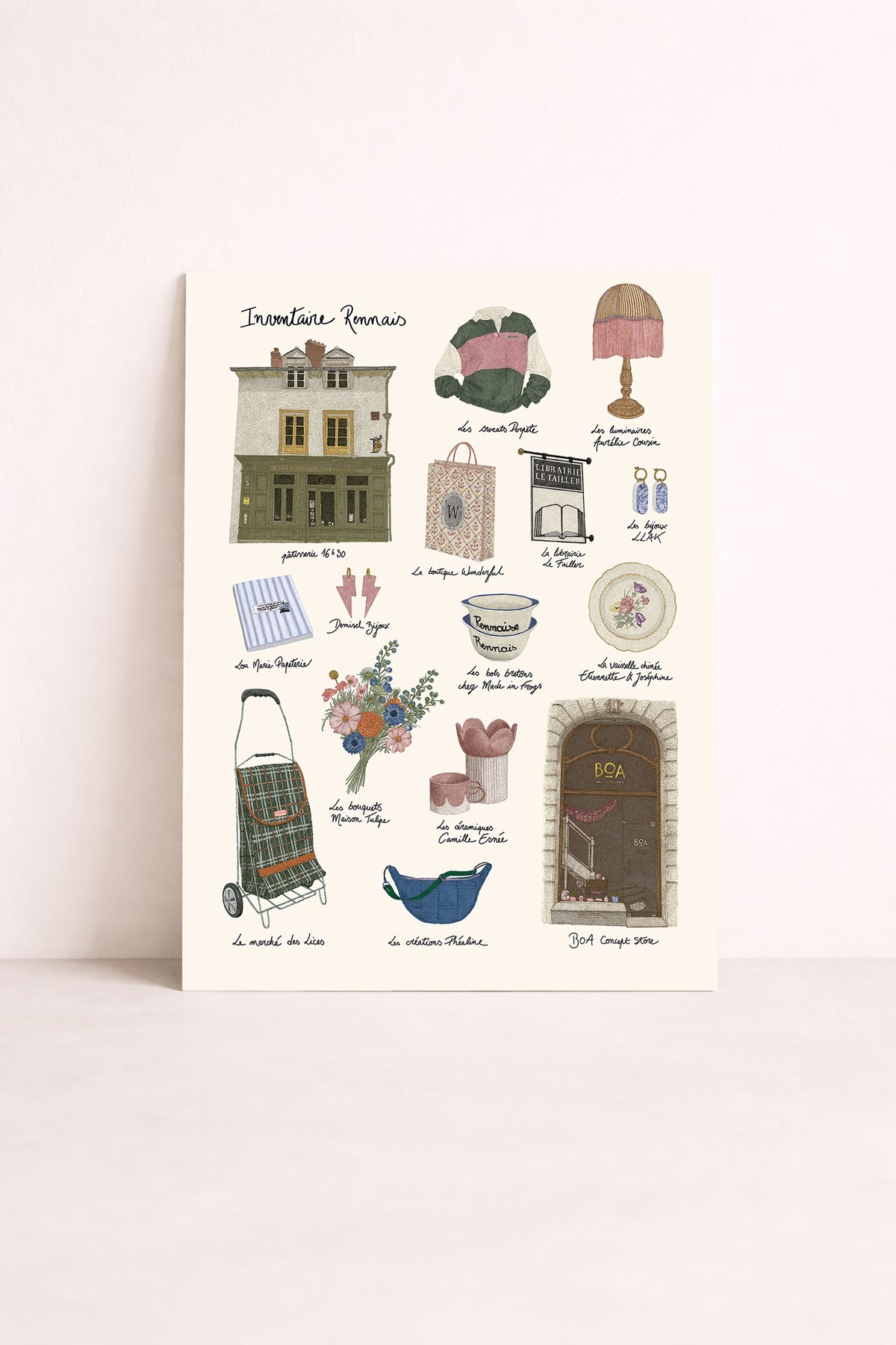 Affiche Inventaire rennais en pointillisme avec boutiques, objets et lieux de Rennes