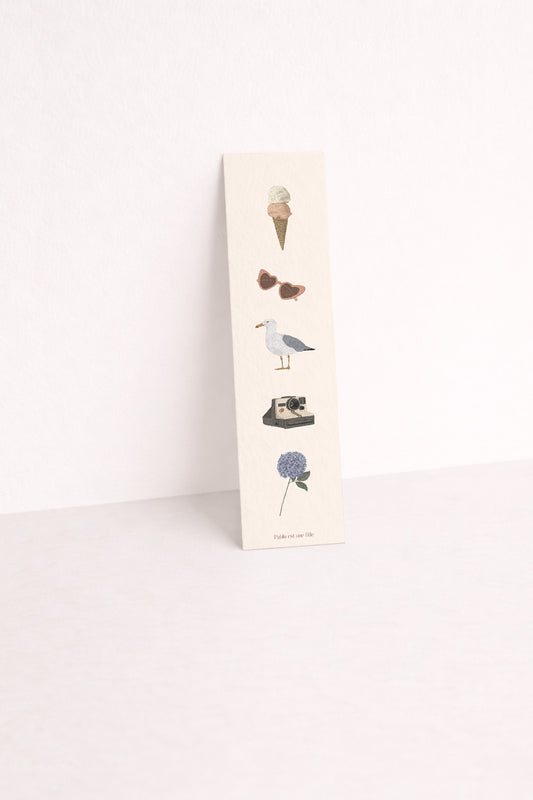 Marque_page illustré glace, lunettes de soleil, hortensia...