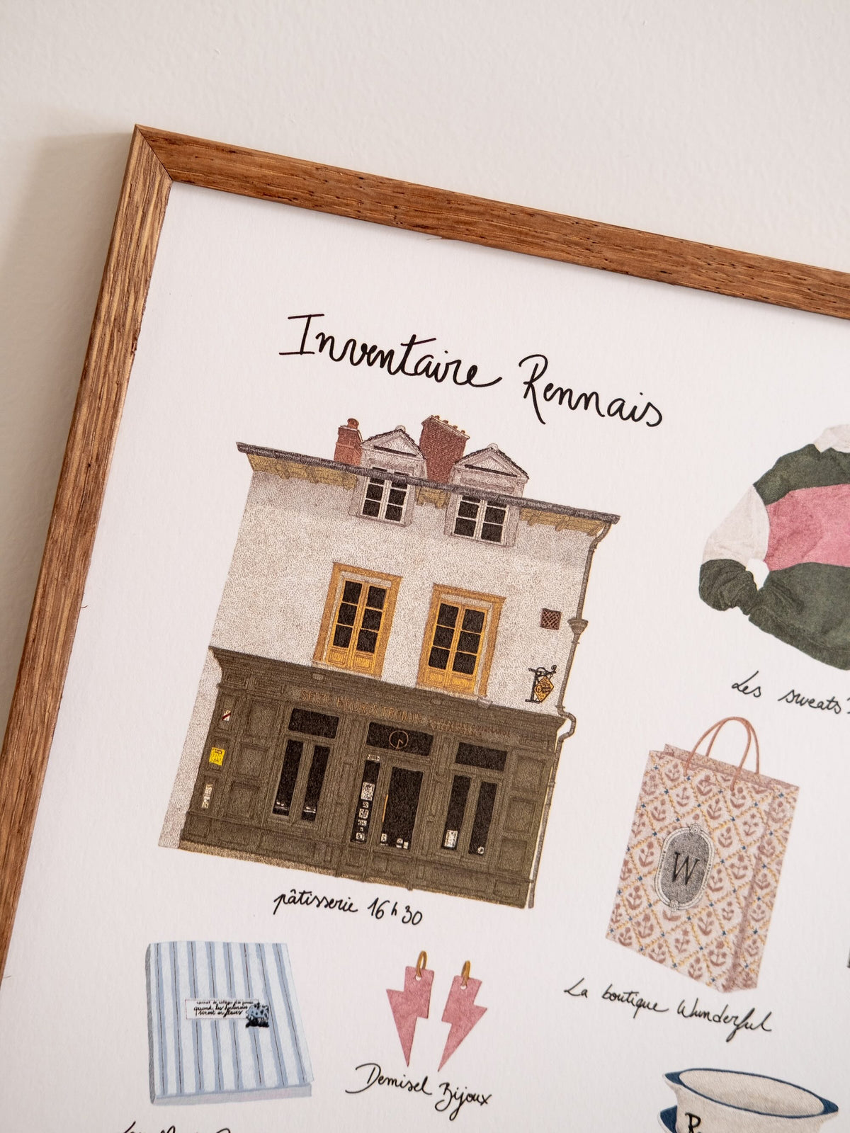 Détail de l’affiche Inventaire rennais : façade de la pâtisserie 16h30, sac de la boutique Wunderful et bijoux roses.