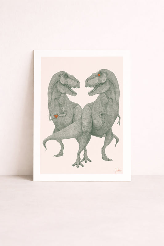 Affiche illustrée d'un duo de t-rex amoureux