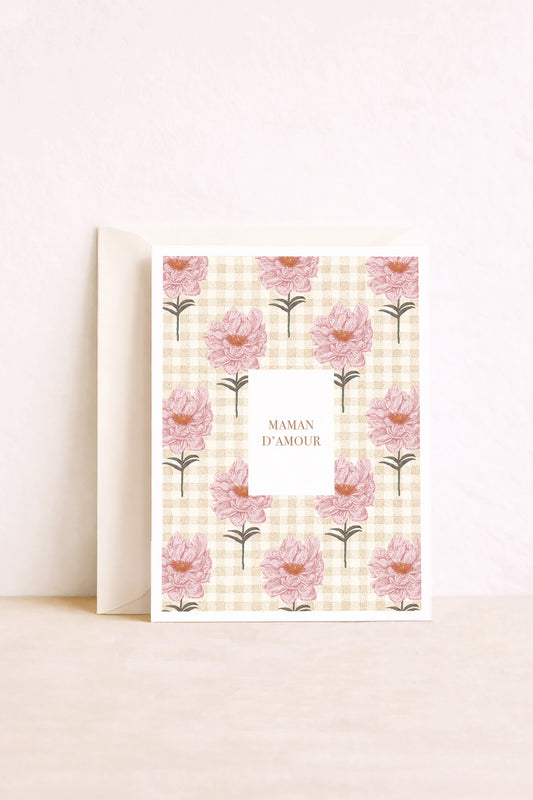 Carte postale Maman d'amour motif vichy et pivoines