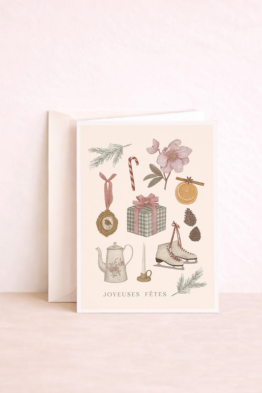 carte de voeux double joyeuses fêtes symboles hiver