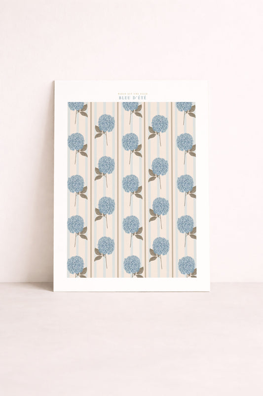 Affiche Bleu d'été, hortensias bleus, fond rayé
