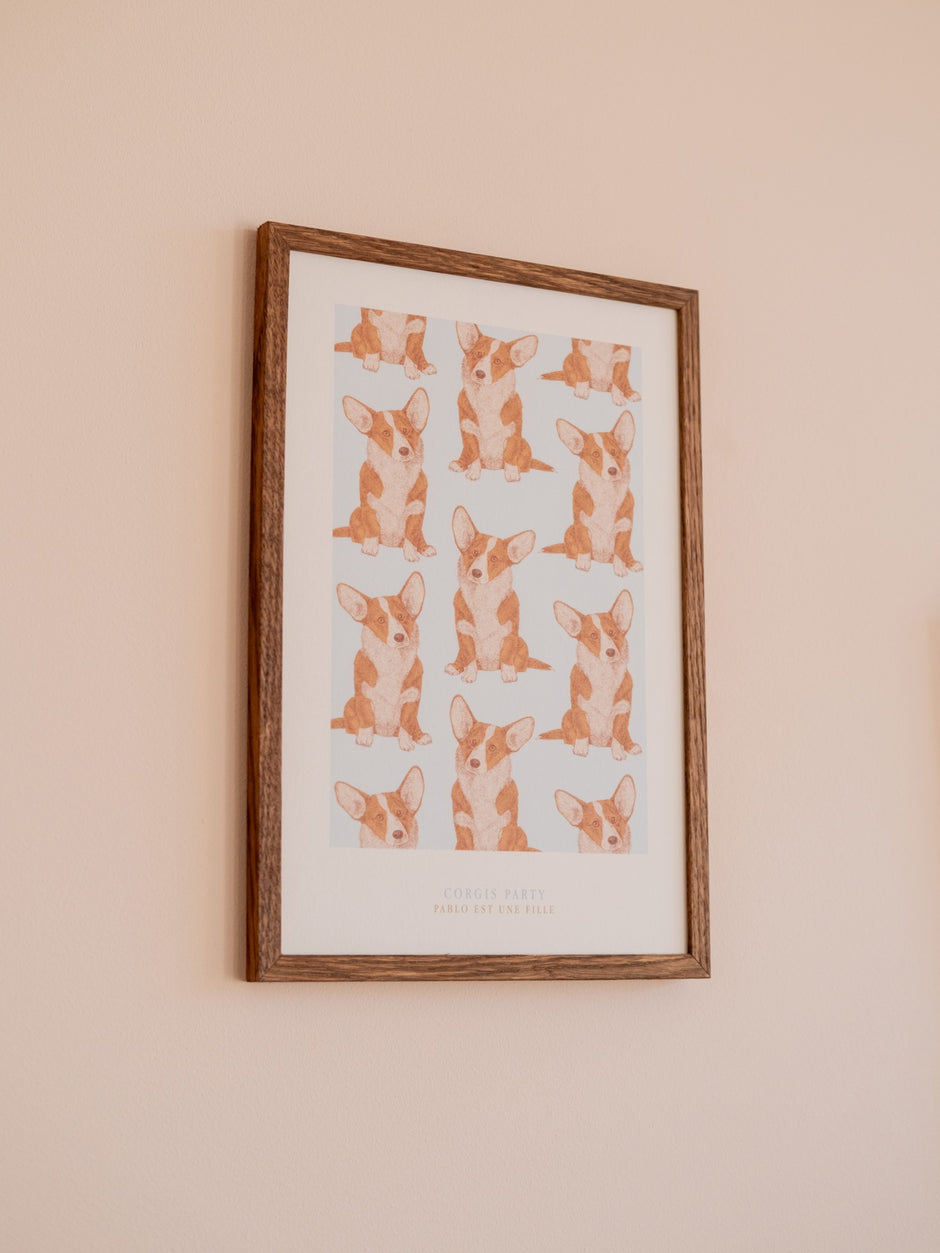 Affiche illustrée corgis en fête – décoration murale originale