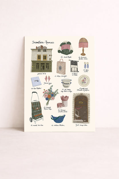 Affiche Inventaire rennais en pointillisme avec boutiques, objets et lieux de Rennes