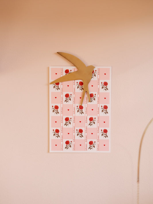 Carte postale damier dahlias coeur