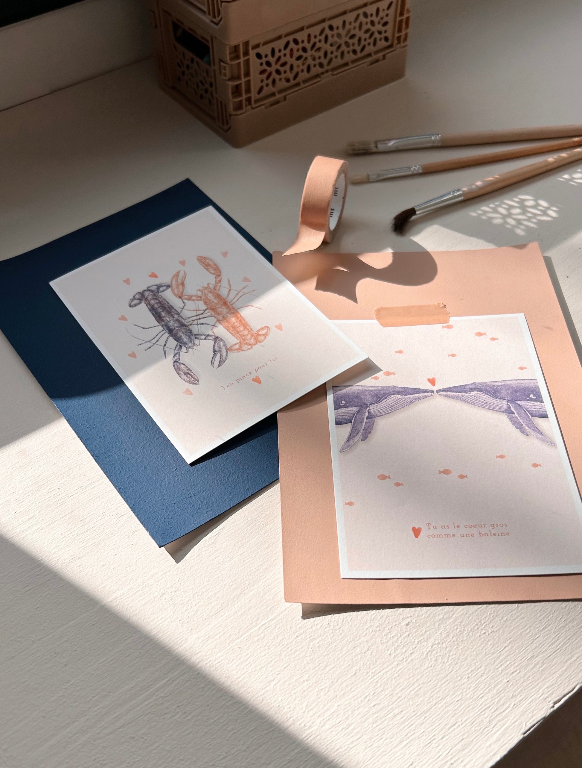 Cartes postales homard amoureux et baleines 