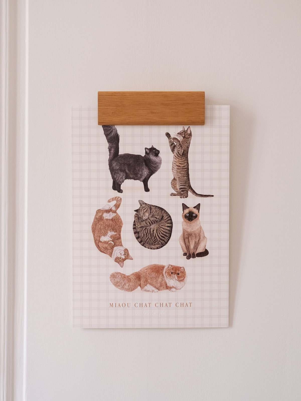 Affiche illustrée de six chats sur fond à carreaux, suspendue au mur avec une pince en bois.