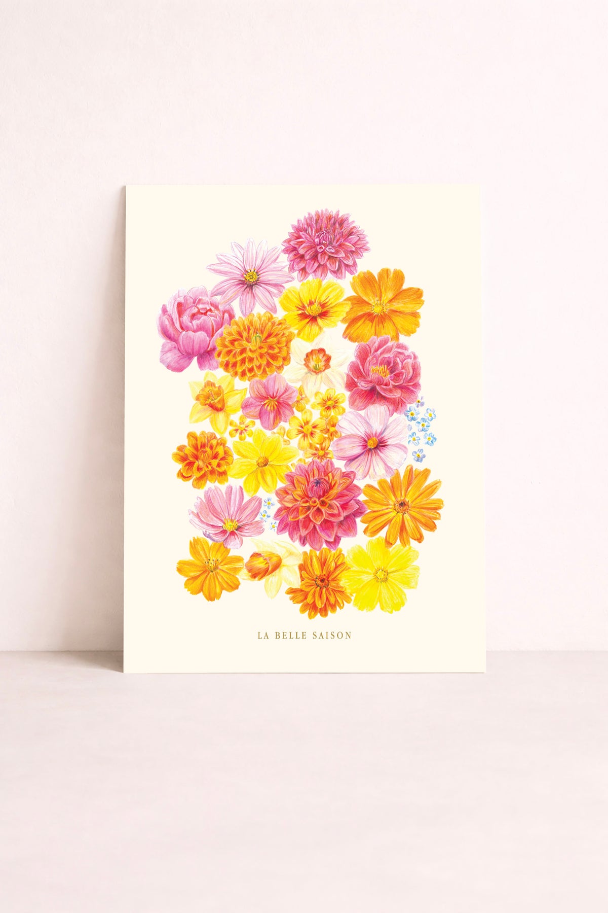 Affiche florale La belle saison avec dahlias, cosmos, zinnias, jonquilles et myosotis colorés