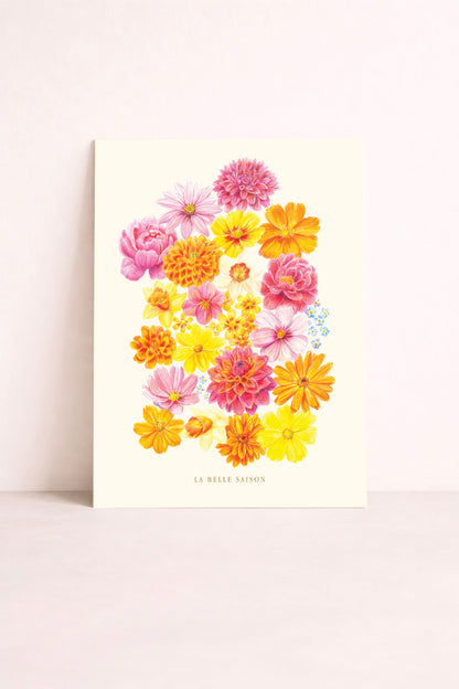 Affiche florale La belle saison avec dahlias, cosmos, zinnias, jonquilles et myosotis colorés