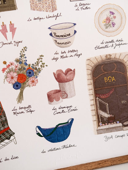Détail de l’affiche Inventaire rennais : bols Rennaise et Rennais, bouquet de fleurs, céramiques et vitrine BOA.