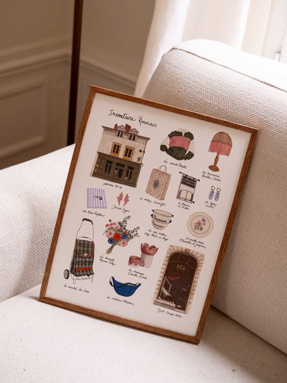Affiche Inventaire rennais dans un cadre en bois, posée sur un fauteuil écru, avec ses illustrations de Rennes.