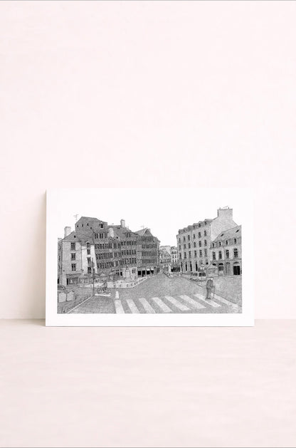 Affiche illustrée de la place du champ jacquet à Rennes