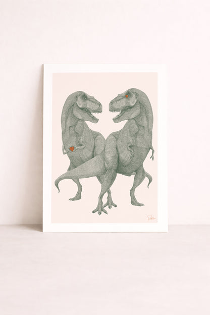 Affiche illustrée d'un duo de t-rex amoureux
