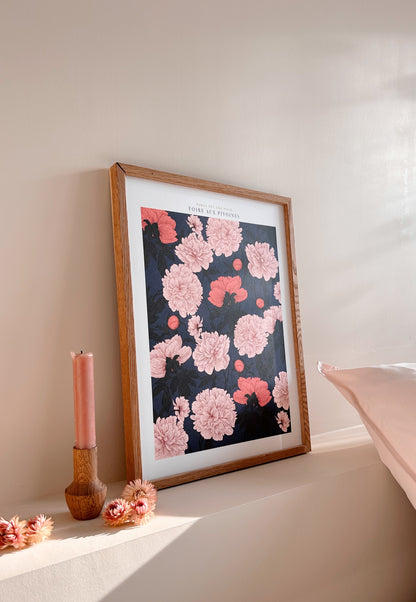 Pivoines dessinées rose sur fond bleu nuit