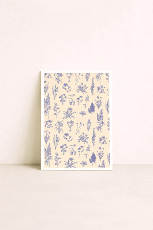 Affiche illustrée d'une motif herbier, bleu sur fond beige