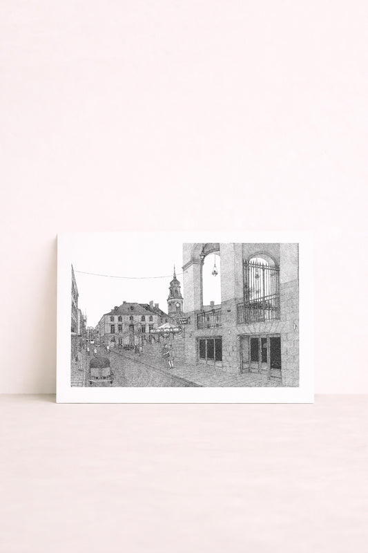 Affiche représentant la place de la mairie de Rennes, dessinée au point par Pablo est une fille