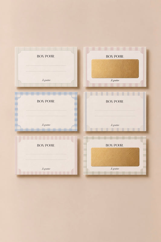 Six bons cadeaux à gratter aux motifs pastel, avec espaces « Bon pour » à remplir et deux zones dorées à gratter.