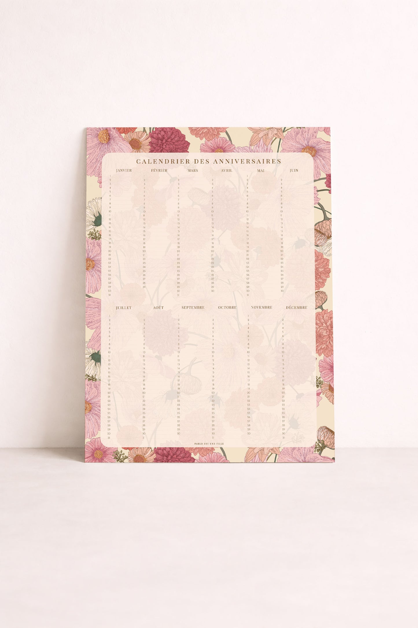 Calendrier des anniversaire perpétuel affiche motif fleurs