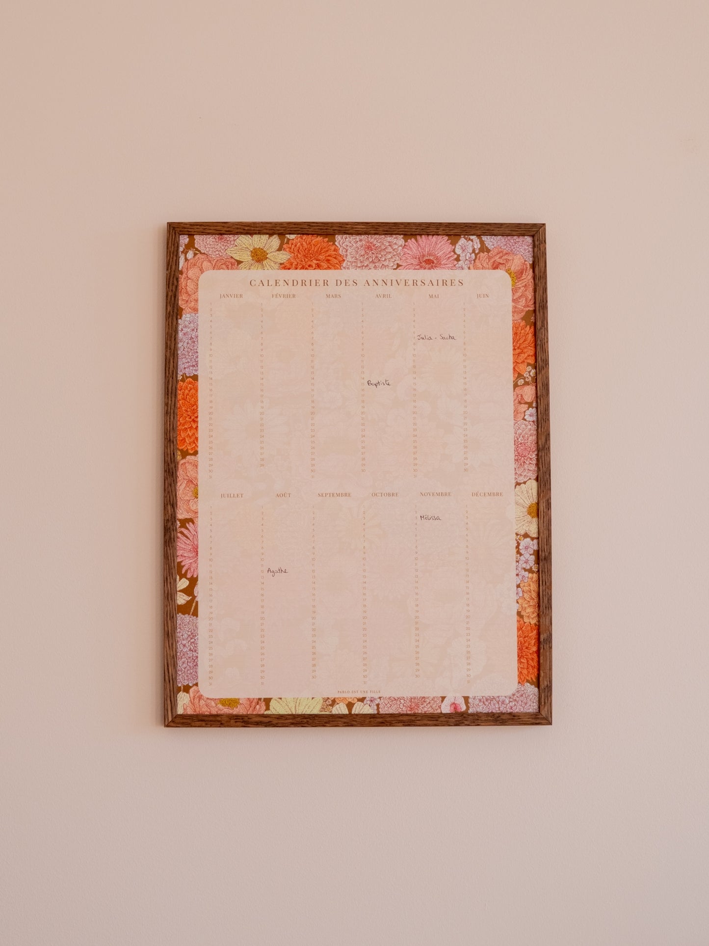 Affiche calendrier des anniversaire motif floral