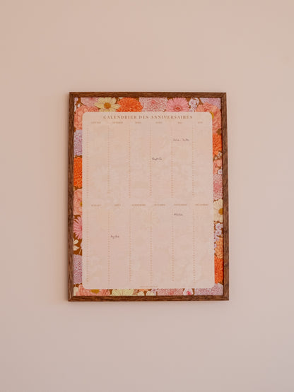 Affiche calendrier des anniversaire motif floral