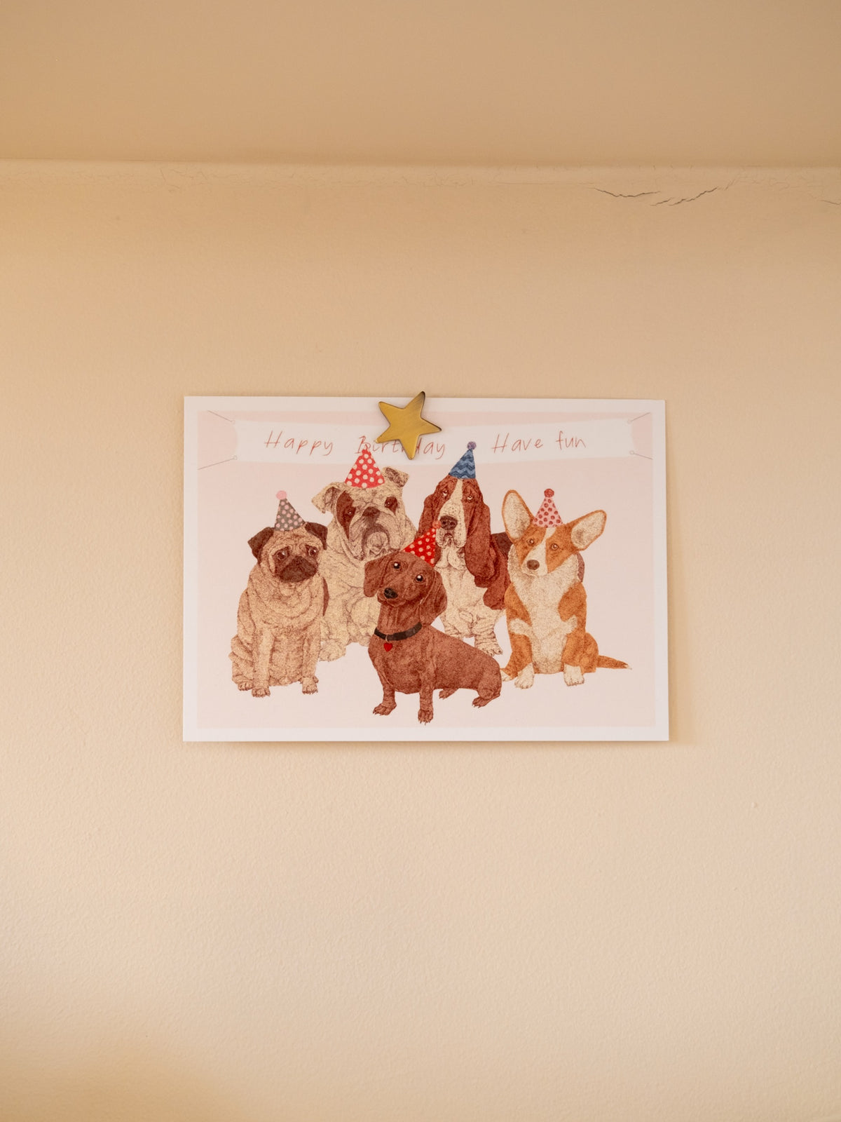 Carte anniversaire Toutous affichée au mur avec une étoile dorée – décoration festive | Pablo est une fille