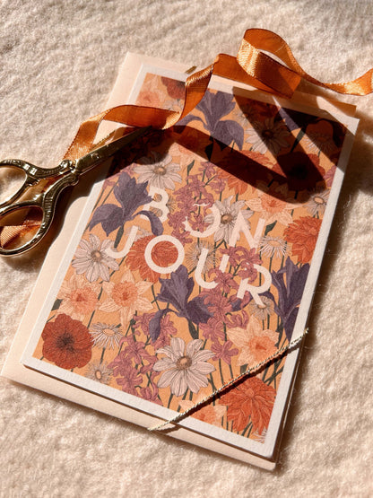 Jolie carte florale bonjour, teintes chaudes