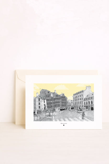 Carte postale illustrée de la place du champ jacquet à Rennes