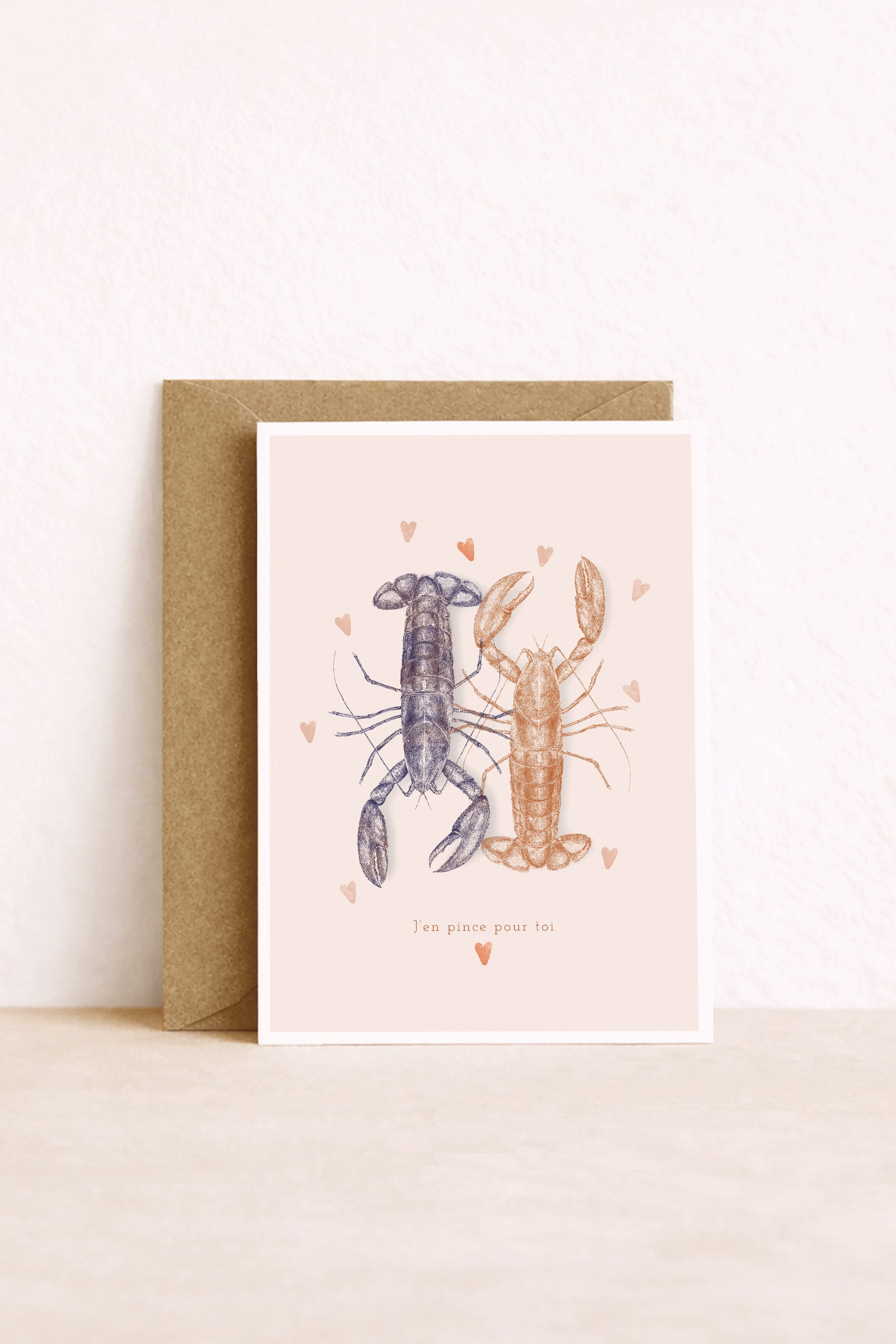 Carte postale illustrée de homards amoureux. J'en pince pour toi