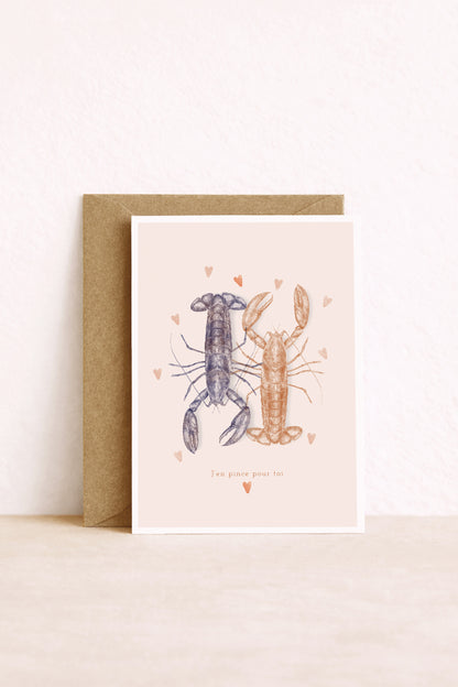 Carte postale illustrée de homards amoureux. J'en pince pour toi