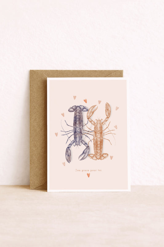 Carte postale illustrée de homards amoureux. J'en pince pour toi