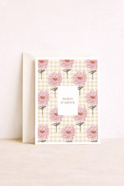 Carte postale Maman d'amour motif vichy et pivoines