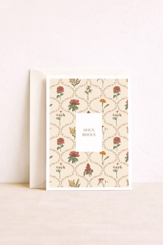 Carte postale Doux Bisous – motif floral vintage roses et pivoines | Pablo est une fille