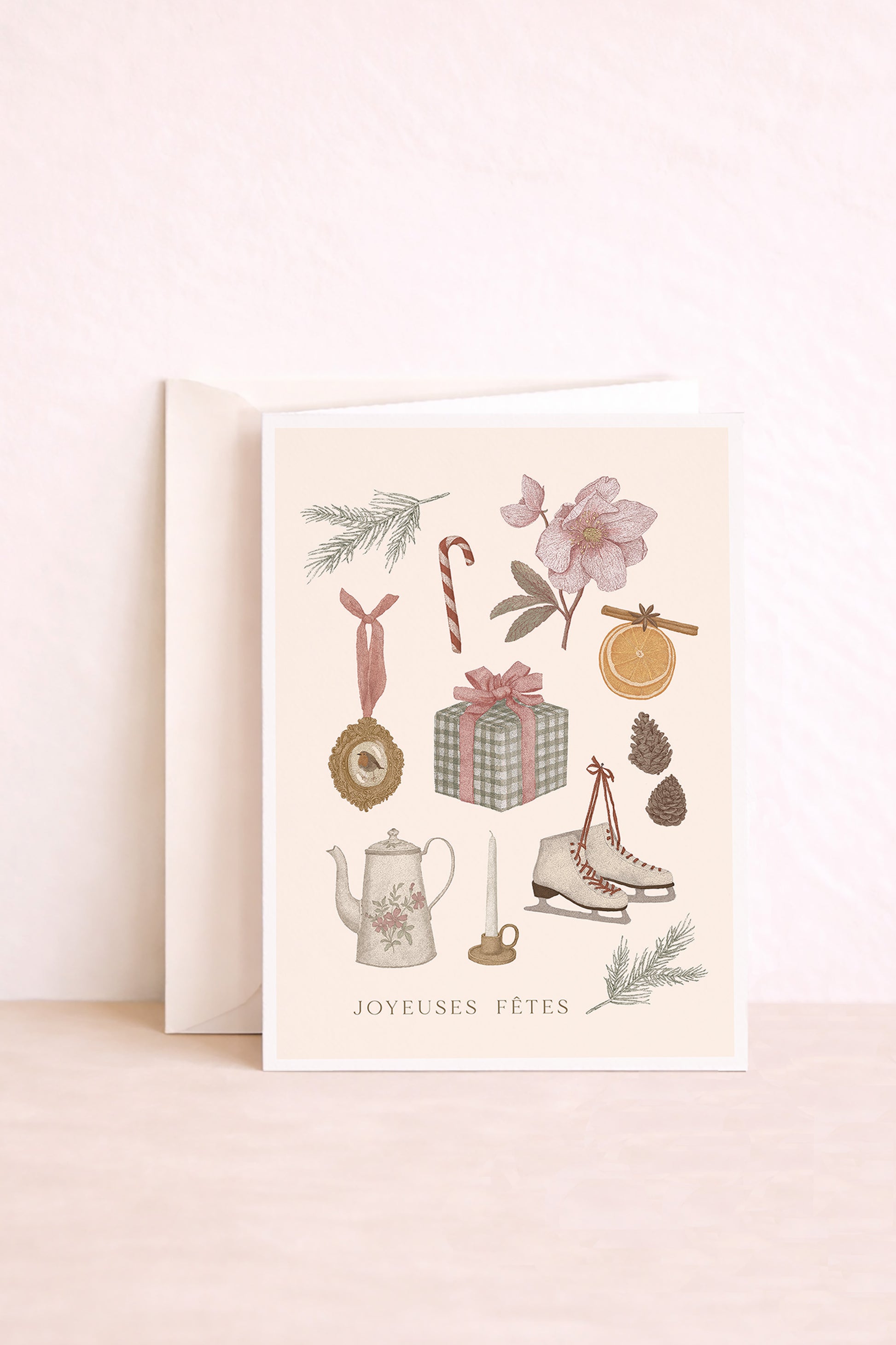 carte de voeux double joyeuses fêtes symboles hiver