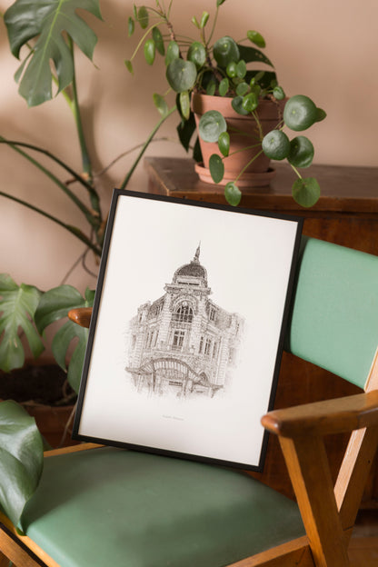 Bâtiment Ouest France à Rennes dessiné en pointillisme