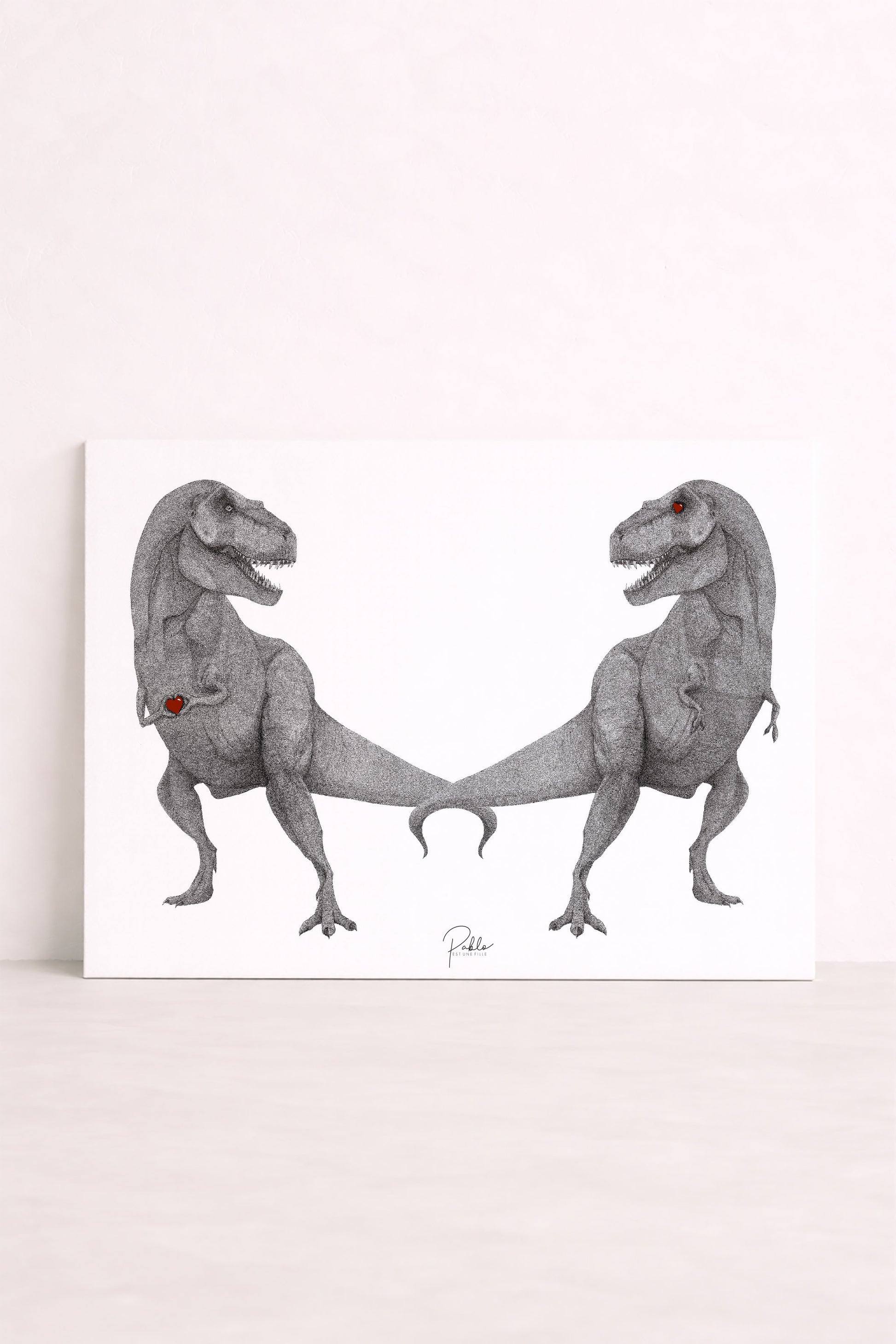 Sérigraphie illustrée de deux T-rex amoureux