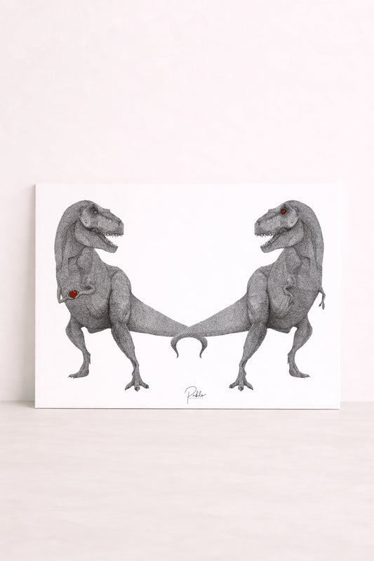 Sérigraphie illustrée de deux T-rex amoureux